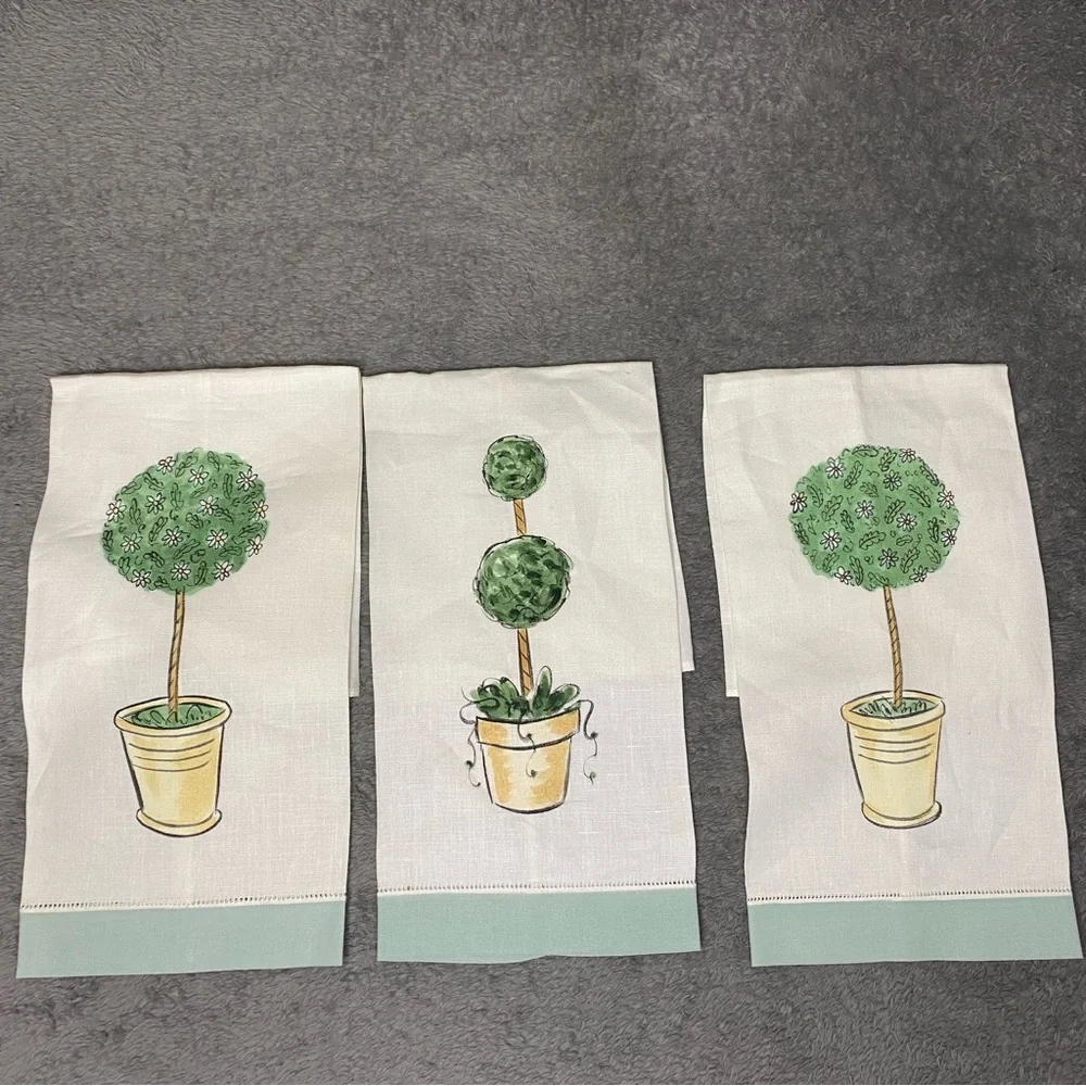 Vintage LIZ WAIN Hand Towels 100% Linen Floral Hand Painted Hemstitch Lot of 3